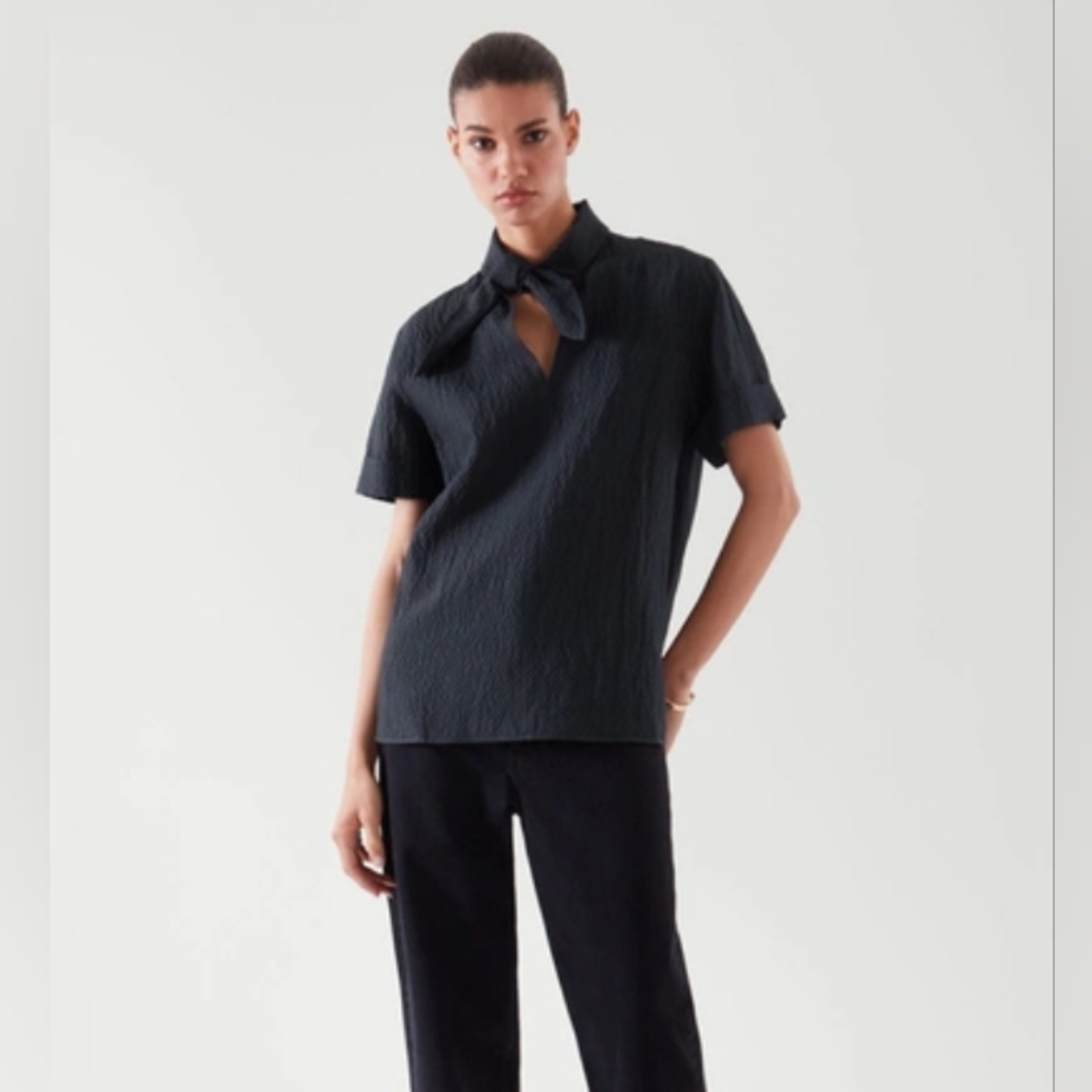 COS Seersucker Blue-Black Kerchief/Tie Neckline Blouse L